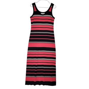 Misook Sleeveless Knit Maxi Dress Pink Black White Striped Scoop Neck Small